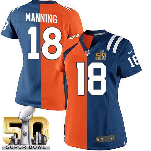 Women's Elite Peyton Manning Super Bowl 50 Bound Nike Jersey Navy Blue/White - #18 Broncos/Colts Split Fashion NFL Denver Broncos